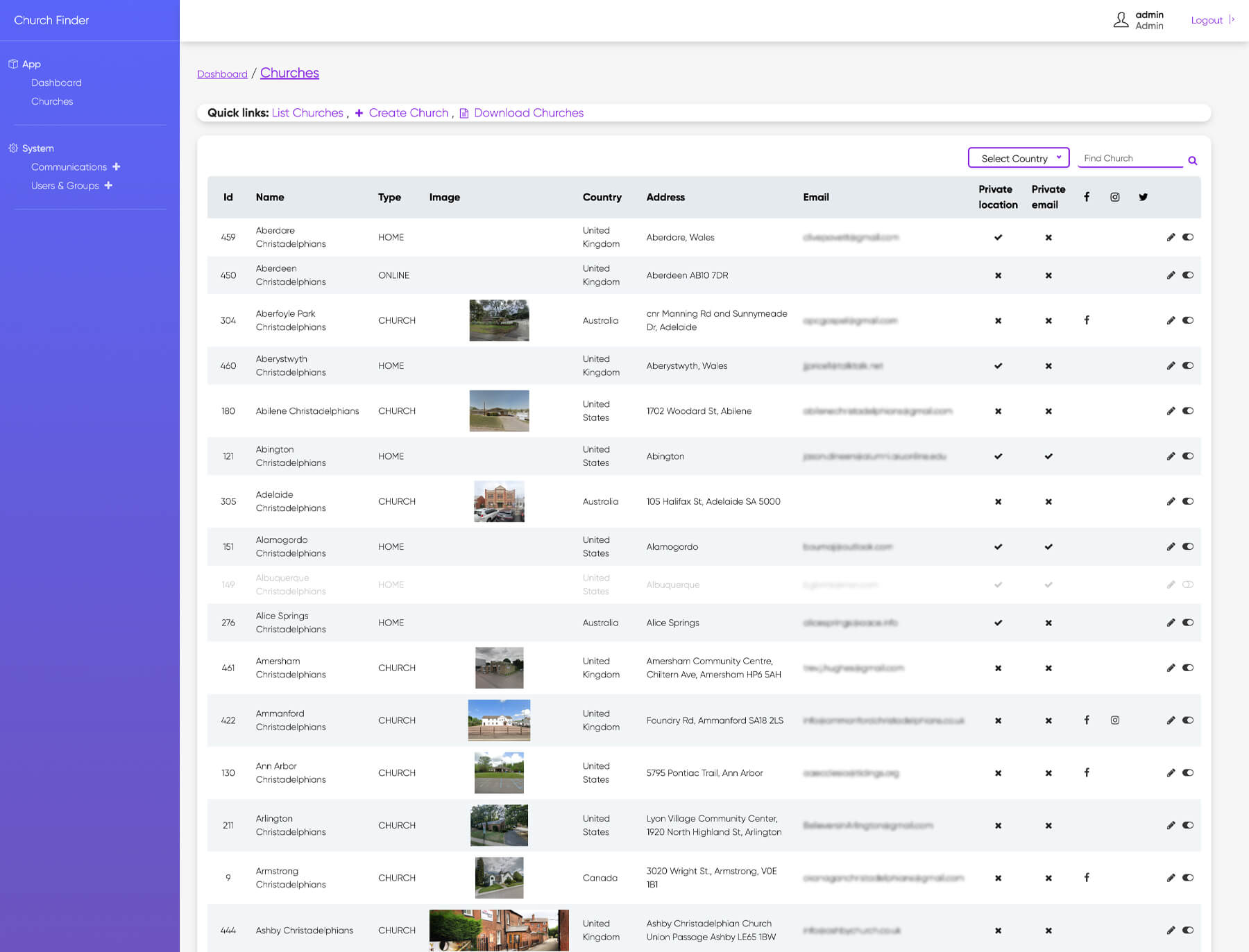 Church directory admin panel for managing listings and locations
