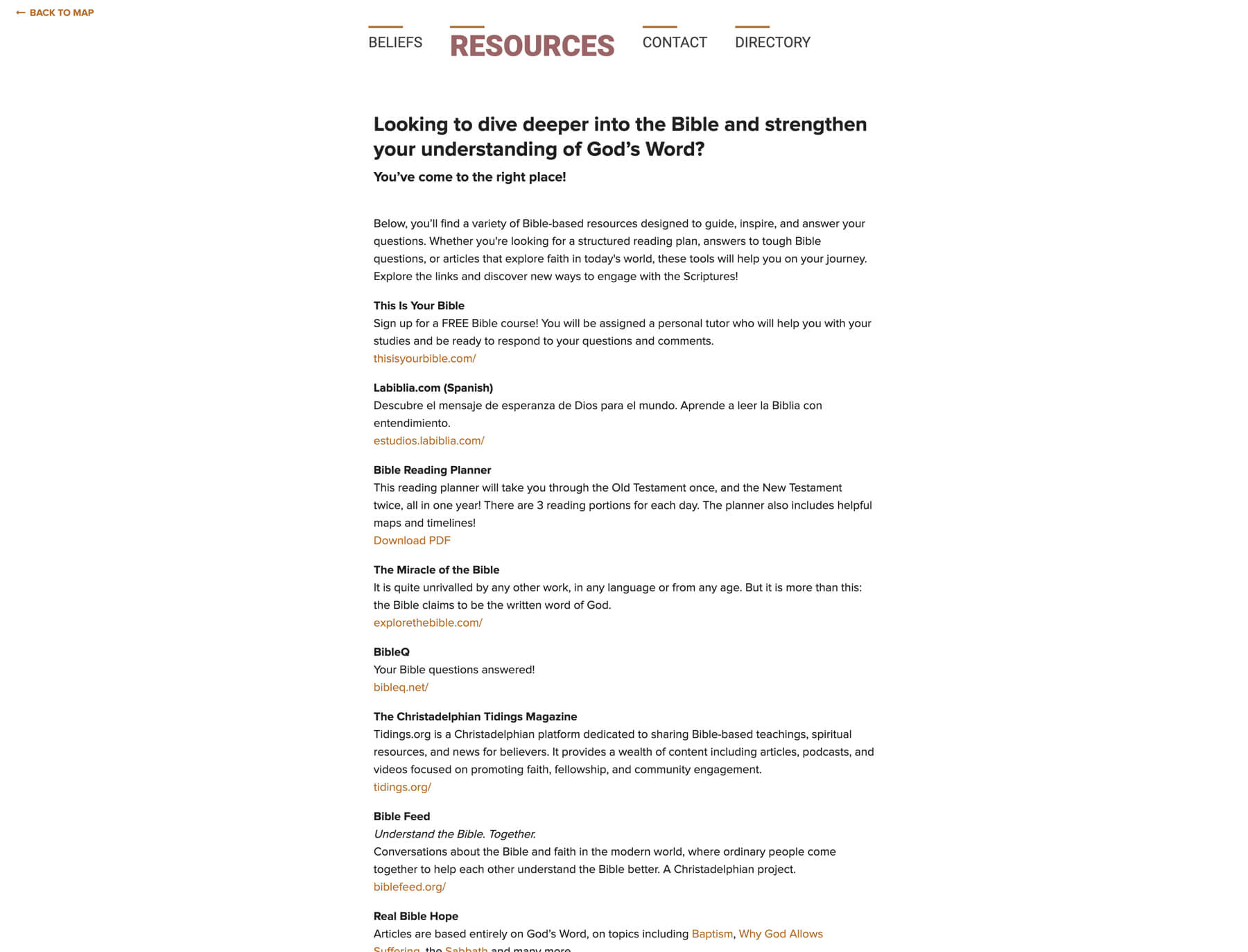 Christadelphian Church Map resources section with supporting content