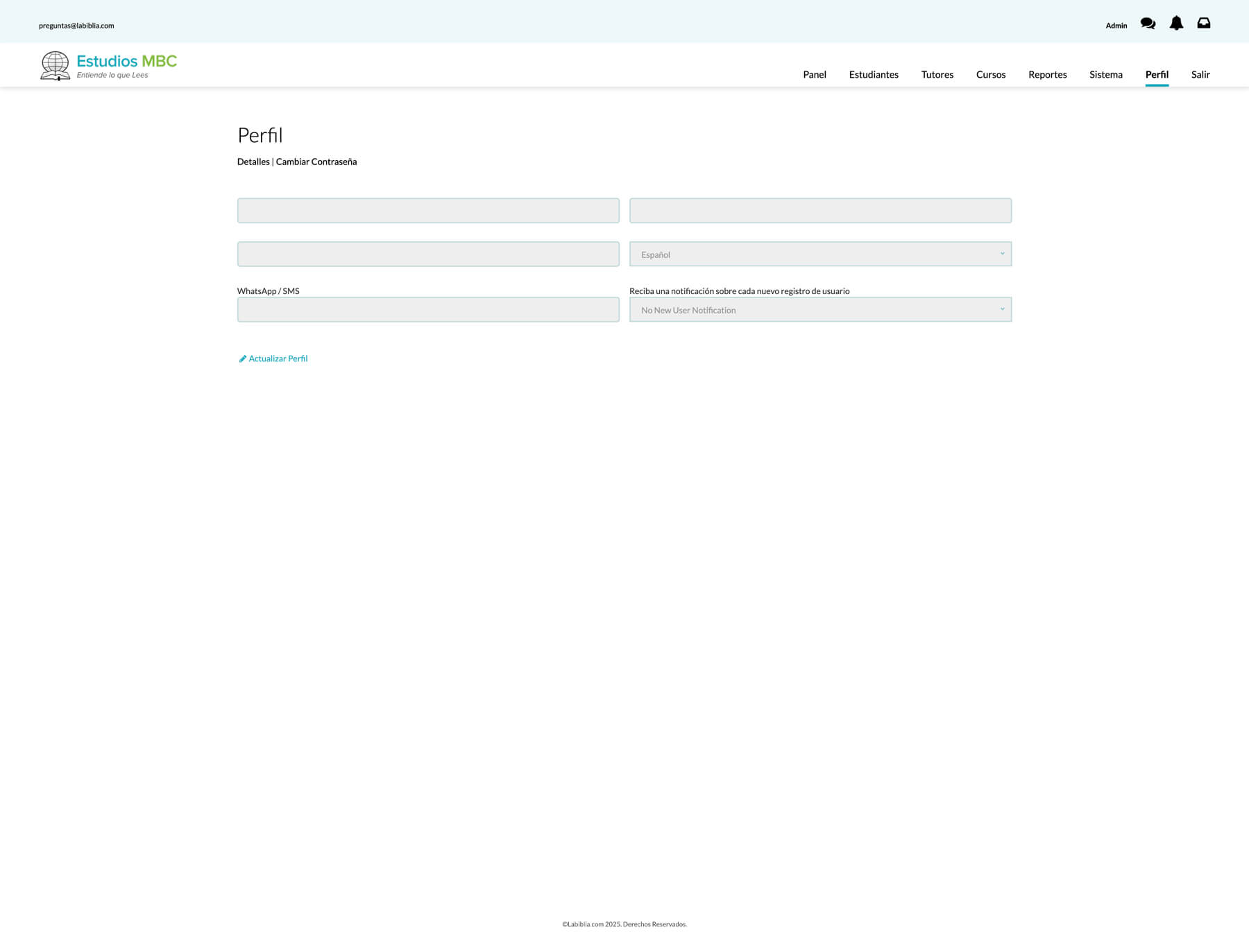 Estudios admin panel with tools for managing students and tutors