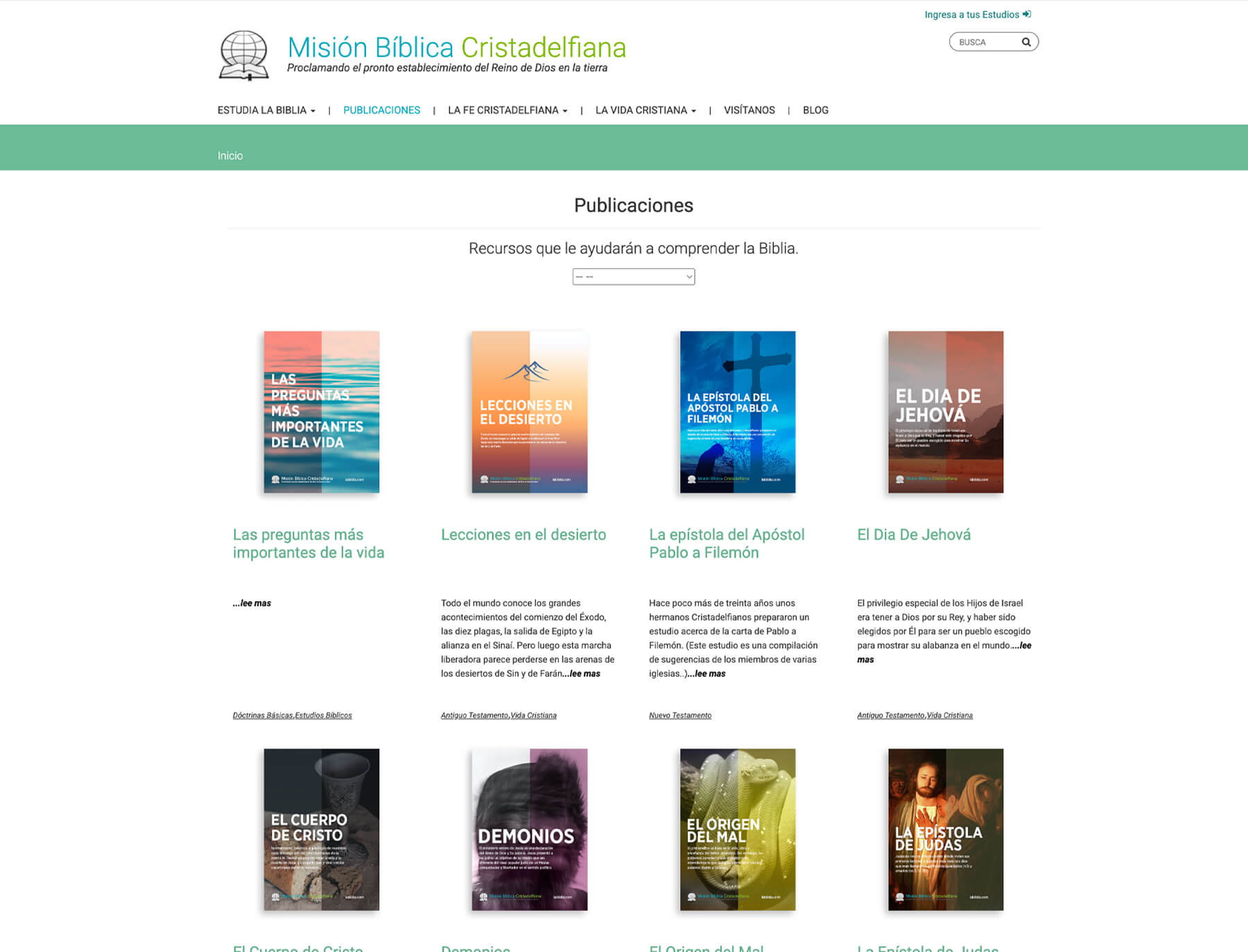 LaBiblia publications section with long-form articles and content categories