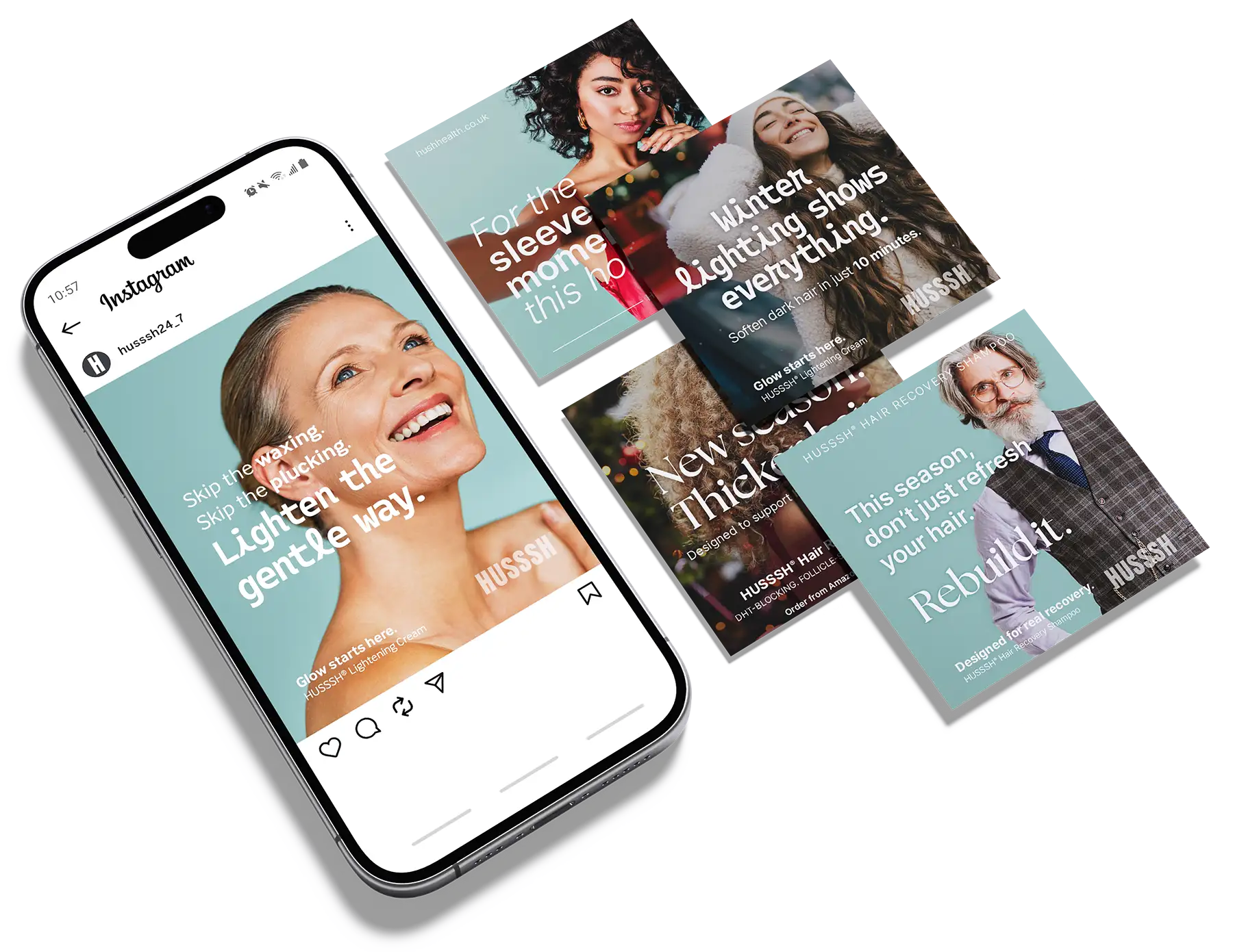HUSSSH social media campaign graphics and Instagram mockup